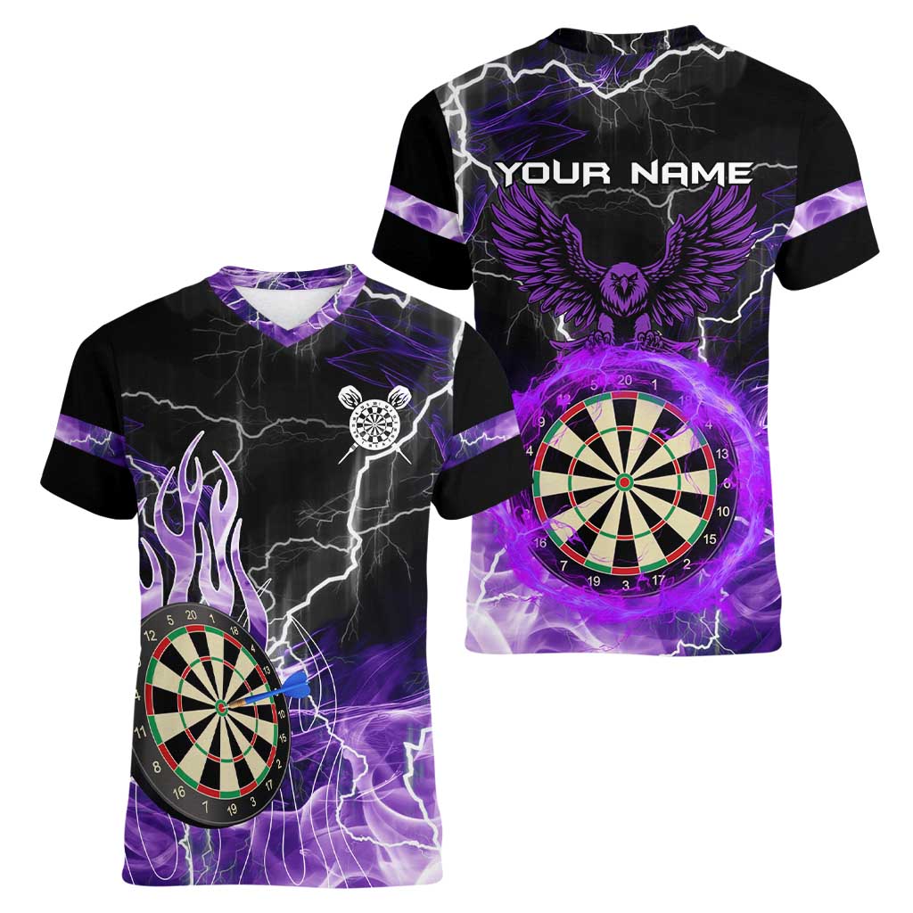Personalized Purple Lightning Darts Board Women V-Neck T-Shirt with Owl Graphic - Wonder Print Shop