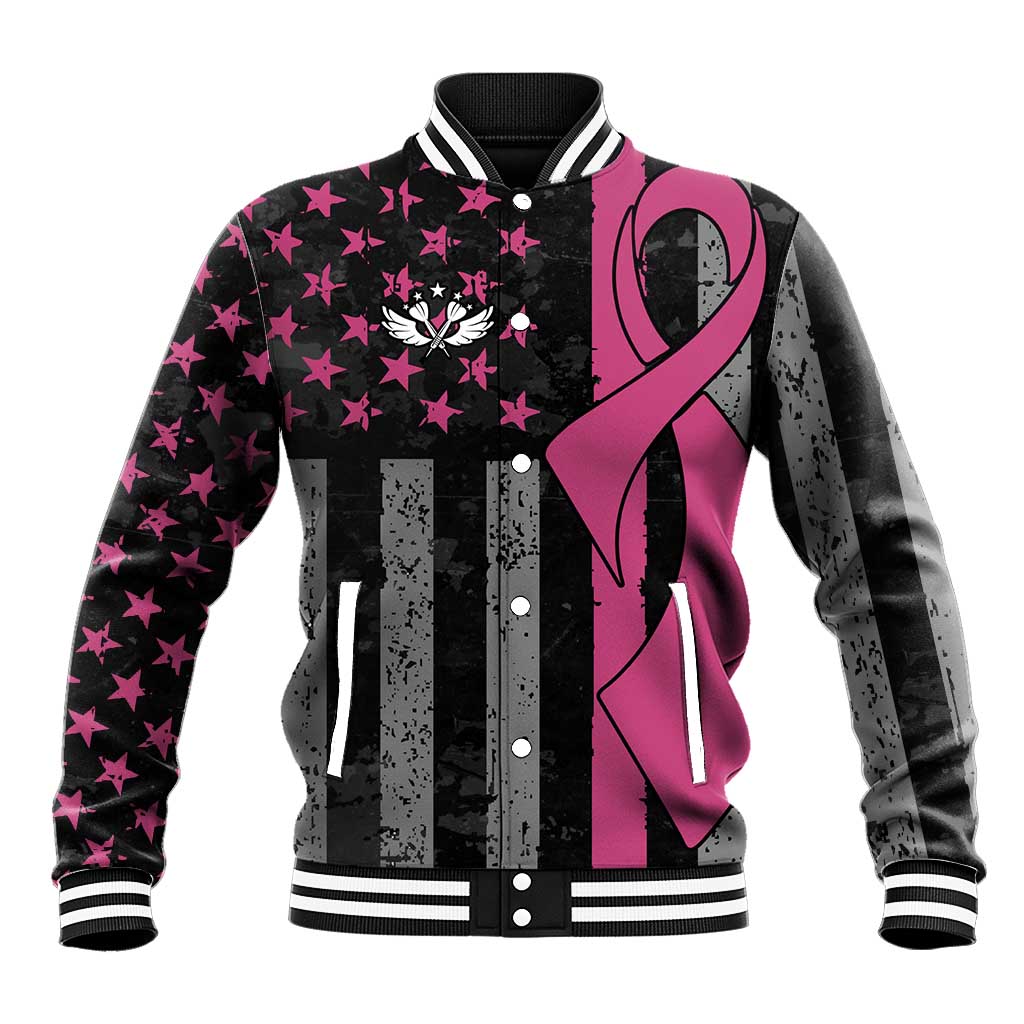 Personalized Pink Ribbon and American Flag Darts Baseball Jacket - Wonder Print Shop