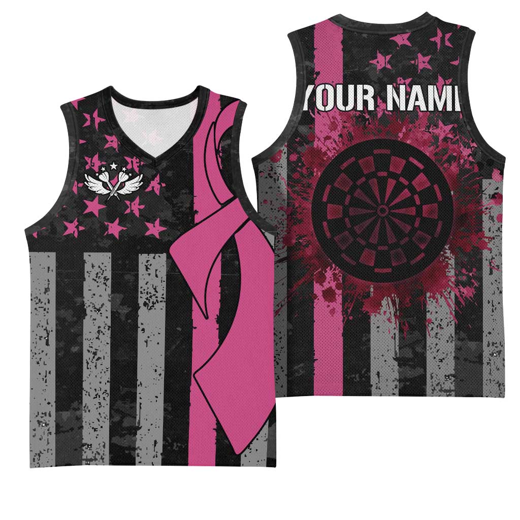 Personalized Pink Ribbon and American Flag Darts Basketball Jersey - Wonder Print Shop