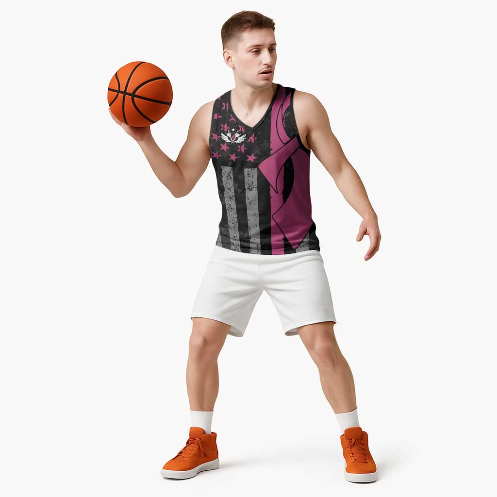 Personalized Pink Ribbon and American Flag Darts Basketball Jersey - Wonder Print Shop