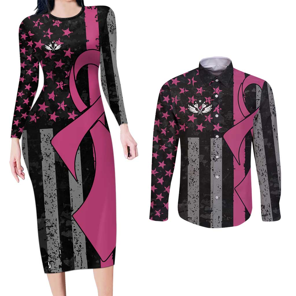 Personalized Pink Ribbon and American Flag Darts Couples Matching Long Sleeve Bodycon Dress and Long Sleeve Button Shirt - Wonder Print Shop
