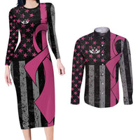 Personalized Pink Ribbon and American Flag Darts Couples Matching Long Sleeve Bodycon Dress and Long Sleeve Button Shirt - Wonder Print Shop