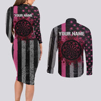 Personalized Pink Ribbon and American Flag Darts Couples Matching Long Sleeve Bodycon Dress and Long Sleeve Button Shirt - Wonder Print Shop