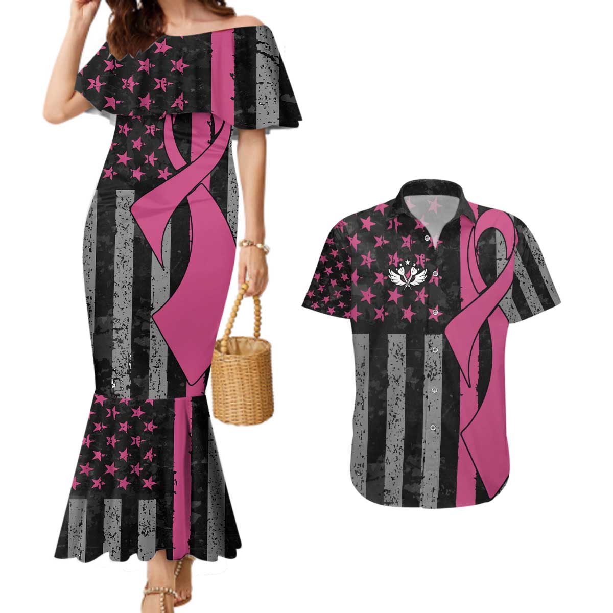 Personalized Pink Ribbon and American Flag Darts Couples Matching Mermaid Dress and Hawaiian Shirt - Wonder Print Shop