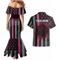 Personalized Pink Ribbon and American Flag Darts Couples Matching Mermaid Dress and Hawaiian Shirt - Wonder Print Shop