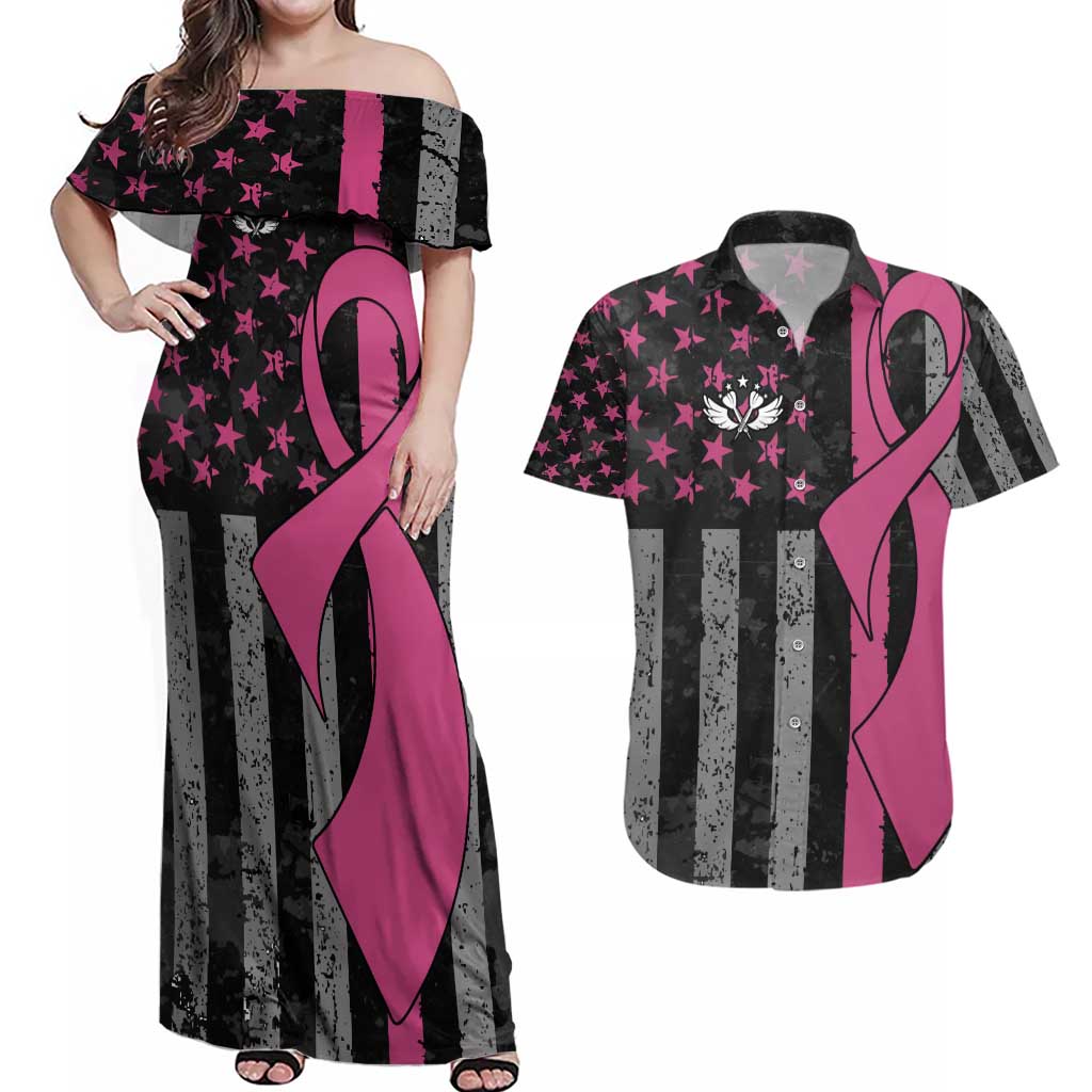 Personalized Pink Ribbon and American Flag Darts Couples Matching Off Shoulder Maxi Dress and Hawaiian Shirt - Wonder Print Shop