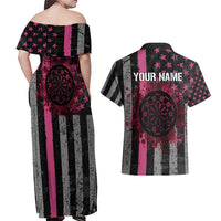 Personalized Pink Ribbon and American Flag Darts Couples Matching Off Shoulder Maxi Dress and Hawaiian Shirt - Wonder Print Shop