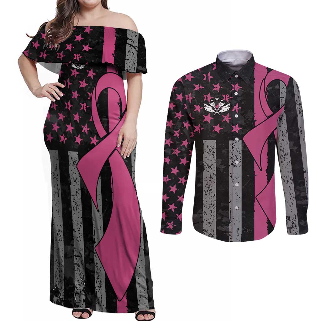 Personalized Pink Ribbon and American Flag Darts Couples Matching Off Shoulder Maxi Dress and Long Sleeve Button Shirt - Wonder Print Shop