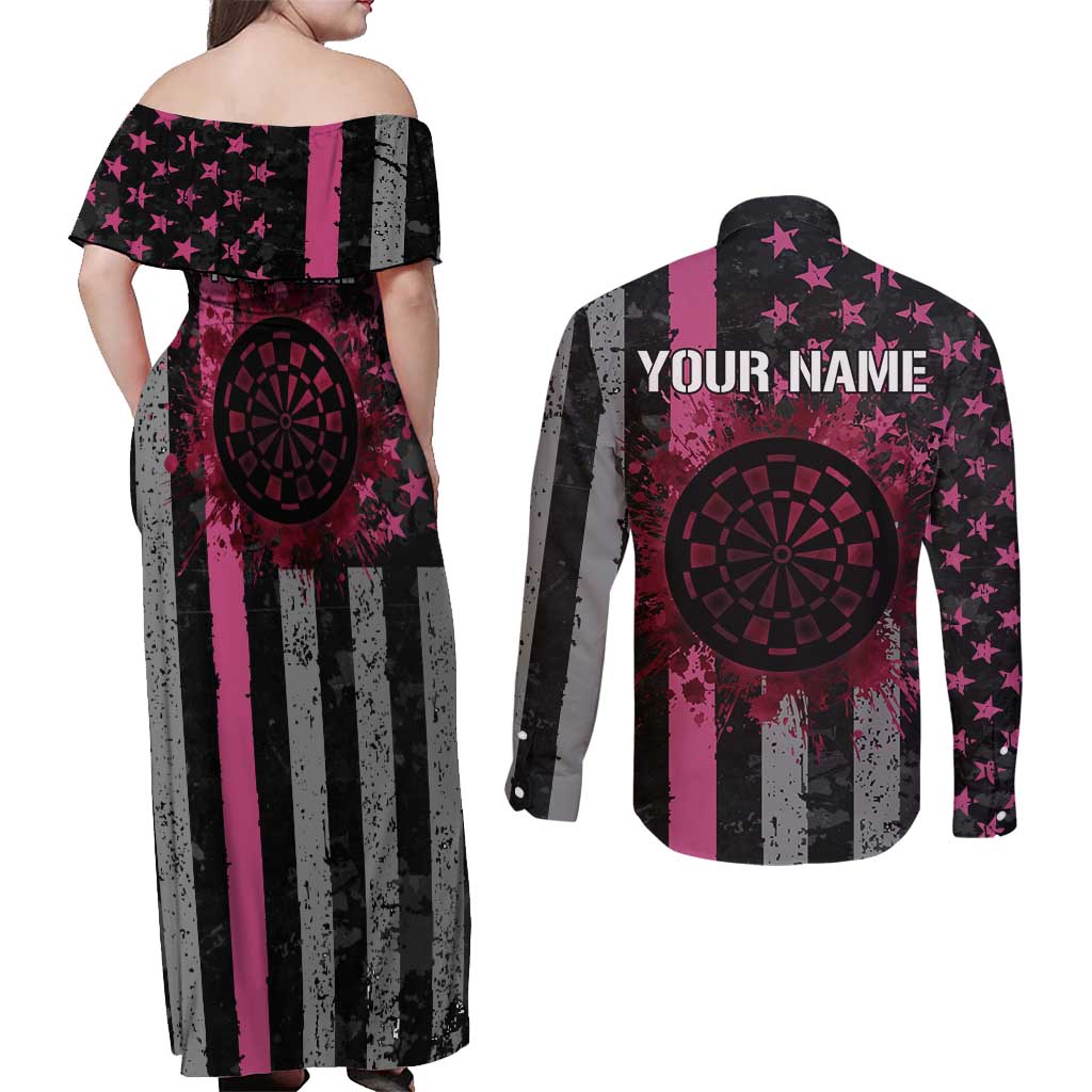Personalized Pink Ribbon and American Flag Darts Couples Matching Off Shoulder Maxi Dress and Long Sleeve Button Shirt - Wonder Print Shop