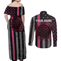 Personalized Pink Ribbon and American Flag Darts Couples Matching Off Shoulder Maxi Dress and Long Sleeve Button Shirt - Wonder Print Shop