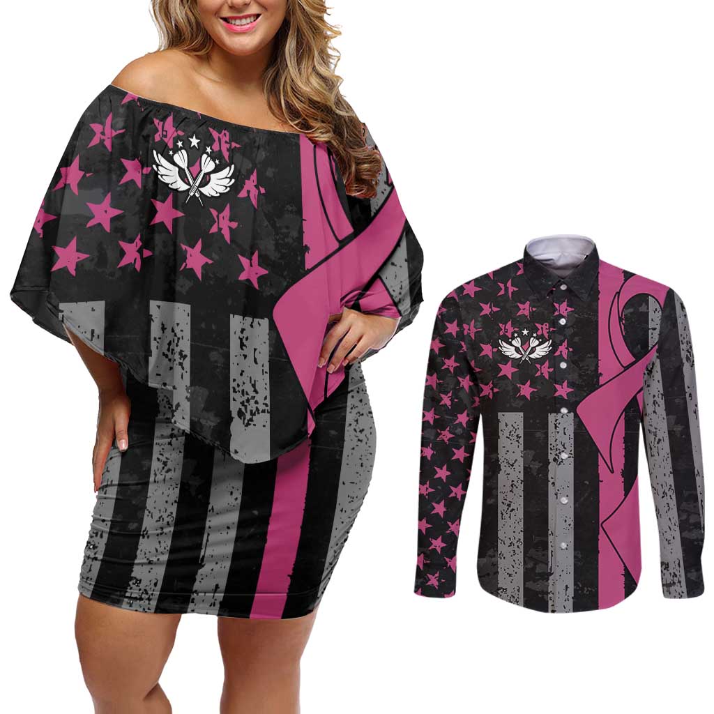 Personalized Pink Ribbon and American Flag Darts Couples Matching Off Shoulder Short Dress and Long Sleeve Button Shirt - Wonder Print Shop