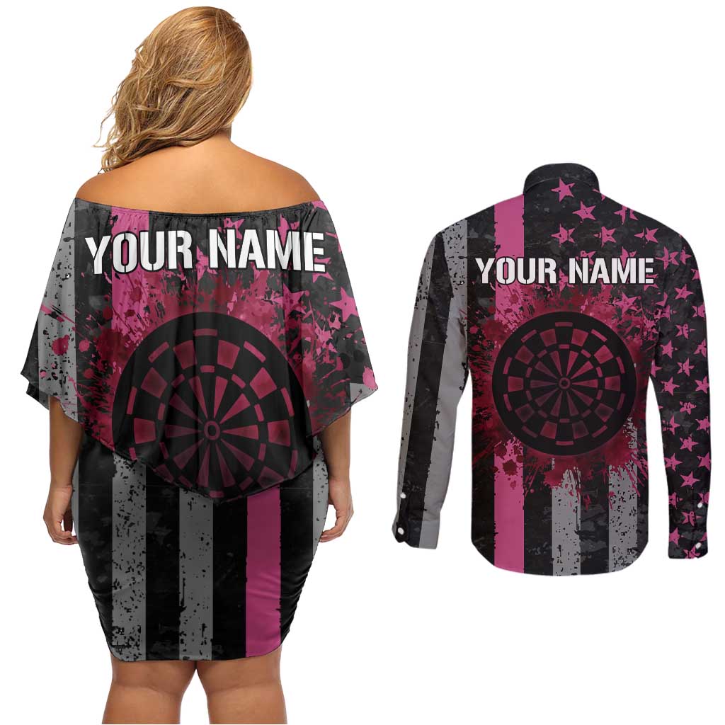 Personalized Pink Ribbon and American Flag Darts Couples Matching Off Shoulder Short Dress and Long Sleeve Button Shirt - Wonder Print Shop
