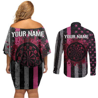 Personalized Pink Ribbon and American Flag Darts Couples Matching Off Shoulder Short Dress and Long Sleeve Button Shirt - Wonder Print Shop