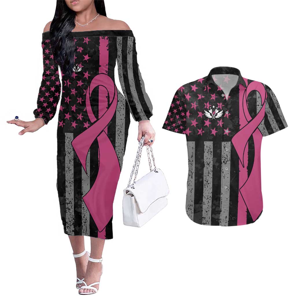 Personalized Pink Ribbon and American Flag Darts Couples Matching Off The Shoulder Long Sleeve Dress and Hawaiian Shirt - Wonder Print Shop