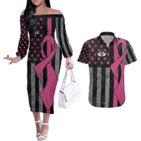 Personalized Pink Ribbon and American Flag Darts Couples Matching Off The Shoulder Long Sleeve Dress and Hawaiian Shirt - Wonder Print Shop