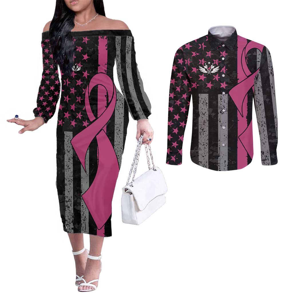 Personalized Pink Ribbon and American Flag Darts Couples Matching Off The Shoulder Long Sleeve Dress and Long Sleeve Button Shirt - Wonder Print Shop