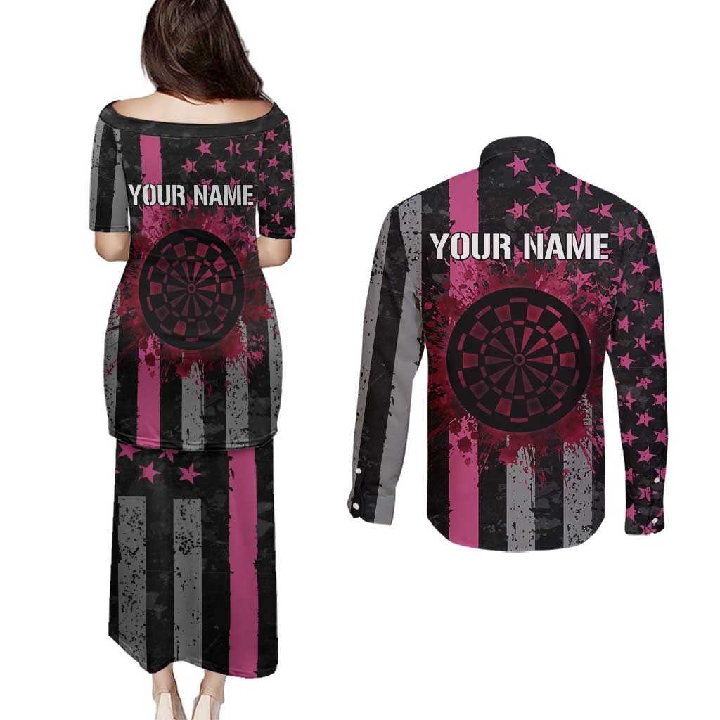 Personalized Pink Ribbon and American Flag Darts Couples Matching Puletasi and Long Sleeve Button Shirt - Wonder Print Shop