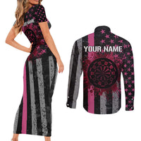 Personalized Pink Ribbon and American Flag Darts Couples Matching Short Sleeve Bodycon Dress and Long Sleeve Button Shirt - Wonder Print Shop