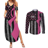 Personalized Pink Ribbon and American Flag Darts Couples Matching Summer Maxi Dress and Long Sleeve Button Shirt - Wonder Print Shop