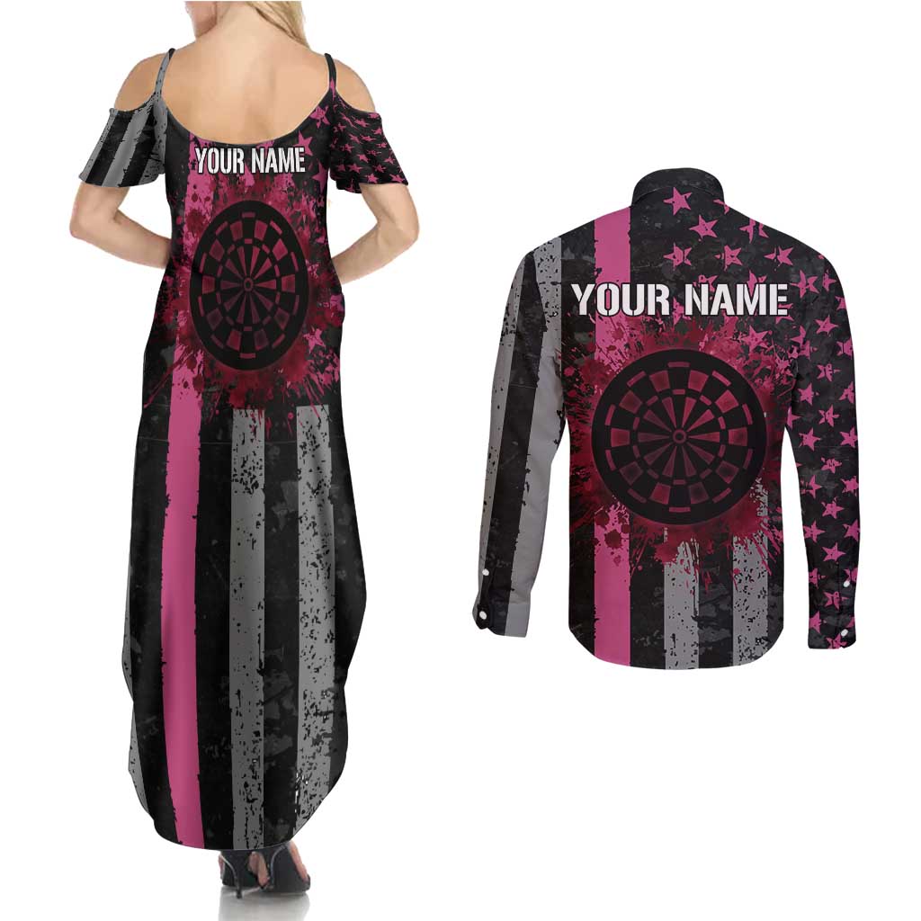 Personalized Pink Ribbon and American Flag Darts Couples Matching Summer Maxi Dress and Long Sleeve Button Shirt - Wonder Print Shop