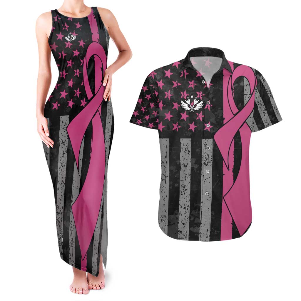 Personalized Pink Ribbon and American Flag Darts Couples Matching Tank Maxi Dress and Hawaiian Shirt - Wonder Print Shop