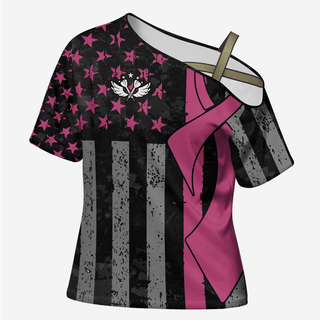 Personalized Pink Ribbon and American Flag Darts Cross Shoulder Shirt - Wonder Print Shop
