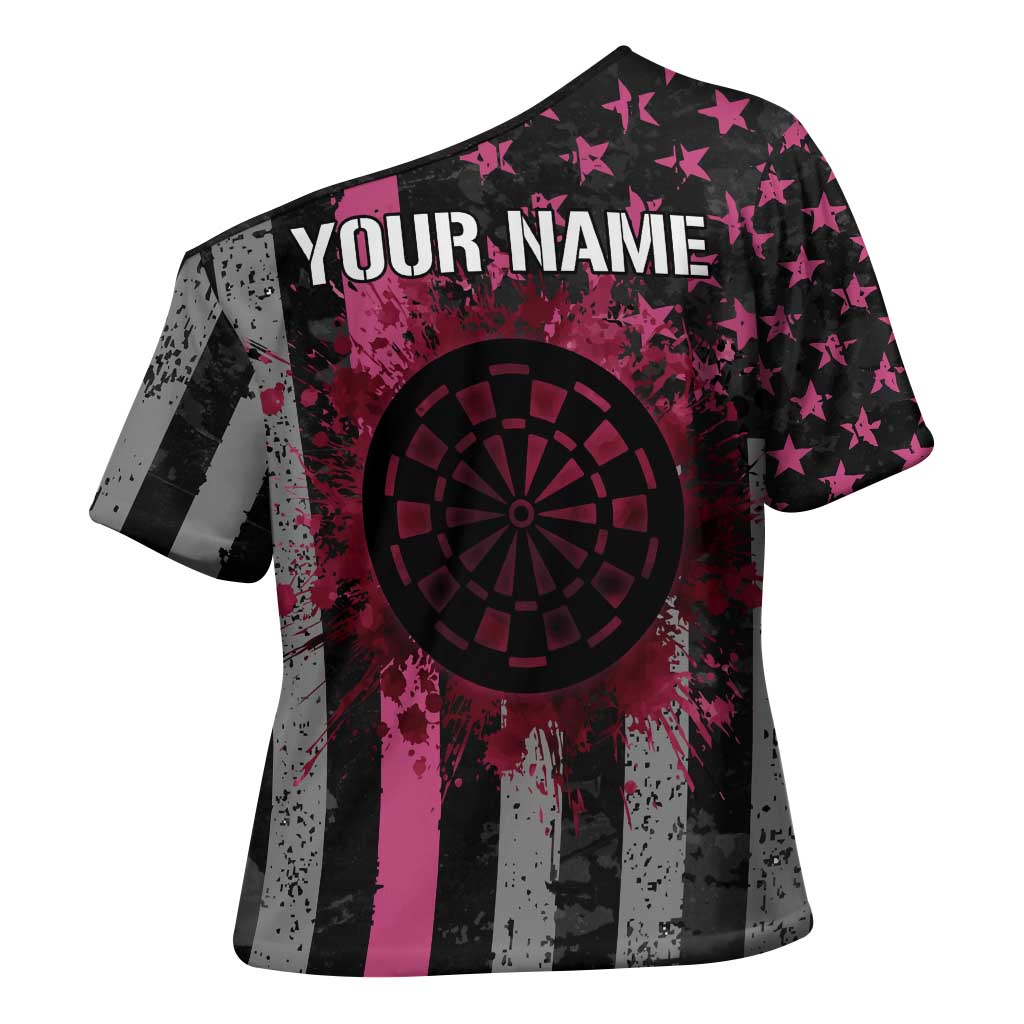 Personalized Pink Ribbon and American Flag Darts Cross Shoulder Shirt - Wonder Print Shop