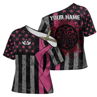 Personalized Pink Ribbon and American Flag Darts Cross Shoulder Shirt - Wonder Print Shop