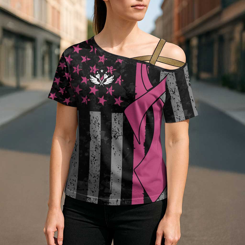 Personalized Pink Ribbon and American Flag Darts Cross Shoulder Shirt - Wonder Print Shop