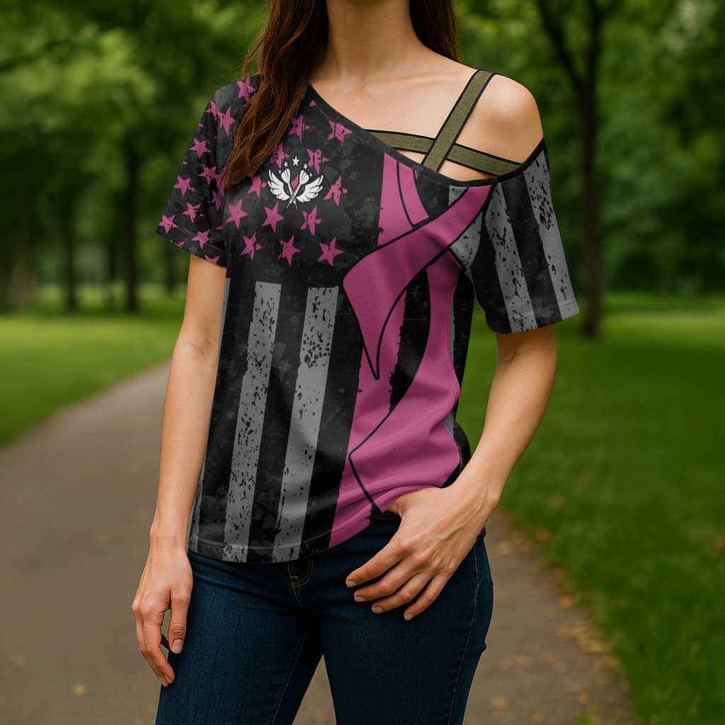 Personalized Pink Ribbon and American Flag Darts Cross Shoulder Shirt - Wonder Print Shop