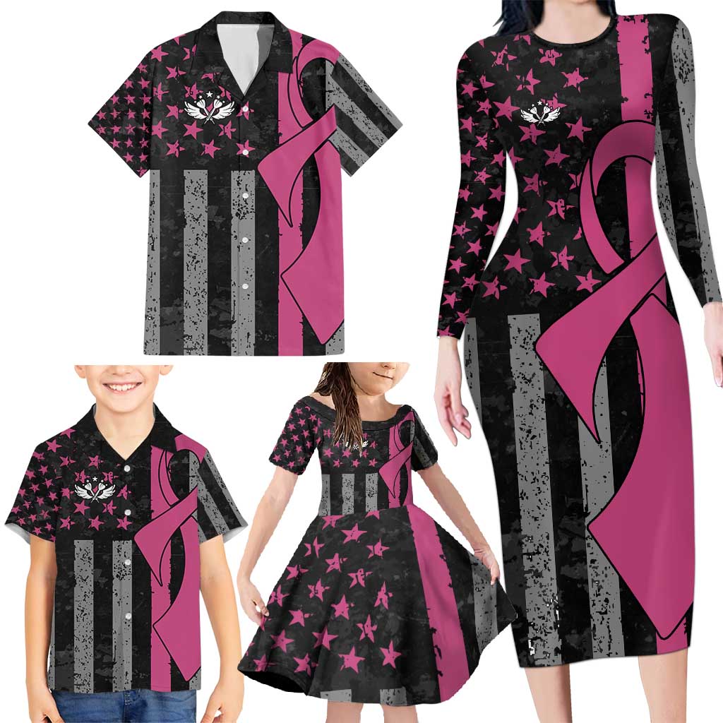 Personalized Pink Ribbon and American Flag Darts Family Matching Long Sleeve Bodycon Dress and Hawaiian Shirt - Wonder Print Shop