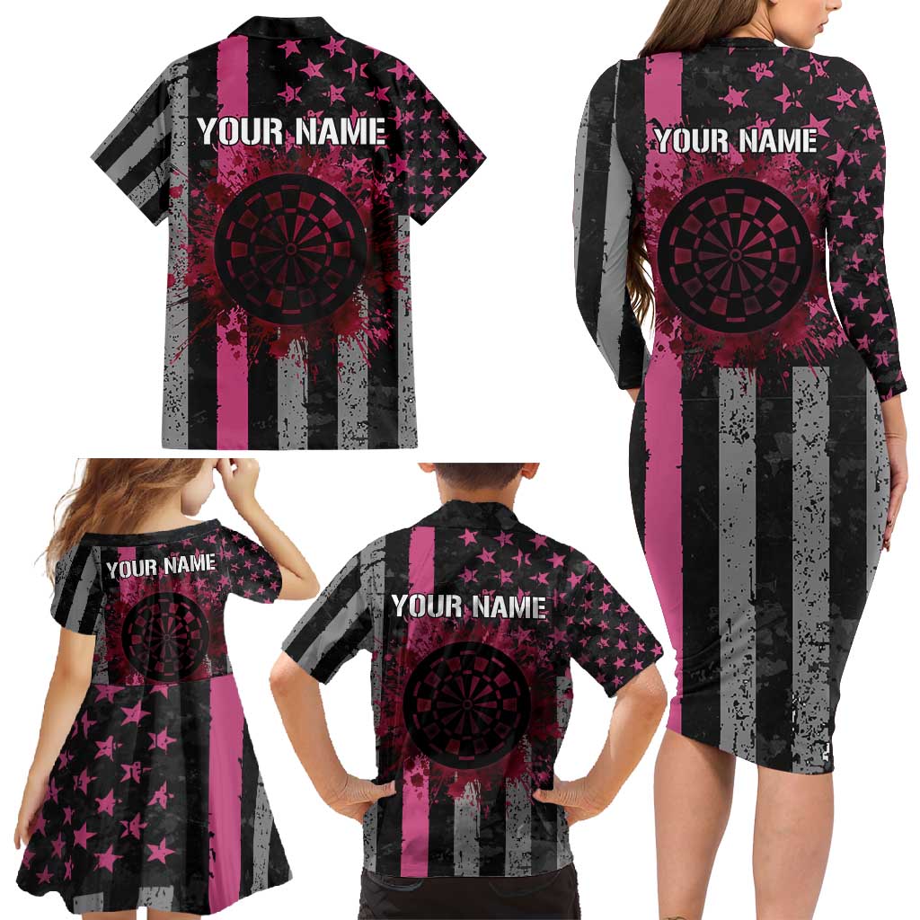Personalized Pink Ribbon and American Flag Darts Family Matching Long Sleeve Bodycon Dress and Hawaiian Shirt - Wonder Print Shop
