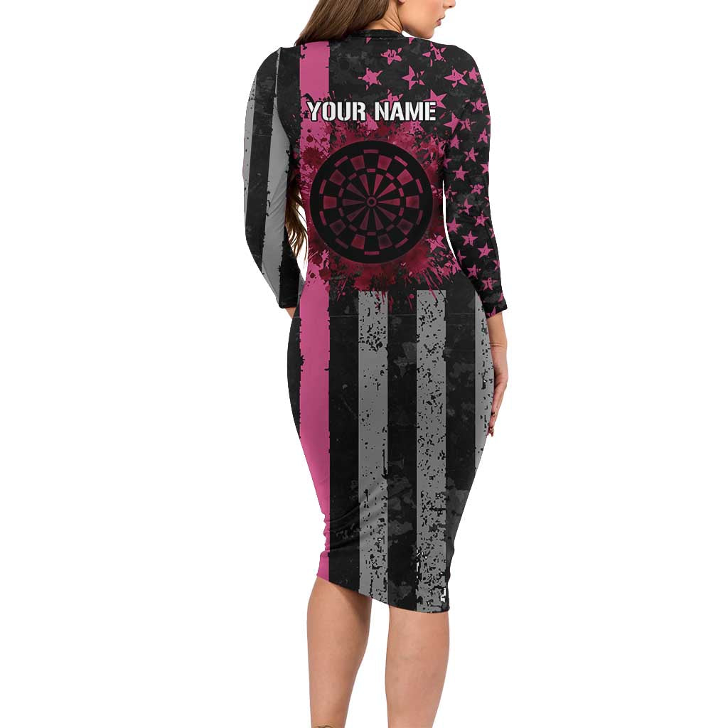 Personalized Pink Ribbon and American Flag Darts Family Matching Long Sleeve Bodycon Dress and Hawaiian Shirt - Wonder Print Shop