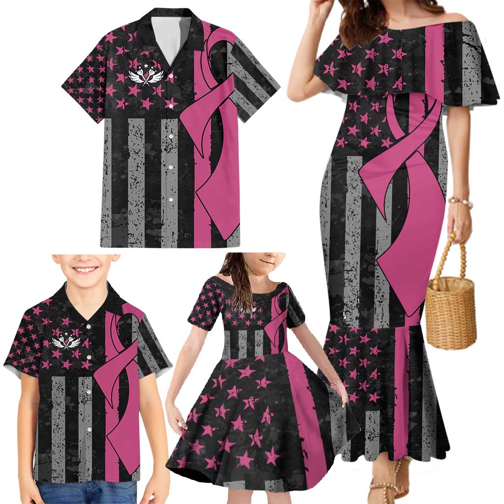 Personalized Pink Ribbon and American Flag Darts Family Matching Mermaid Dress and Hawaiian Shirt - Wonder Print Shop
