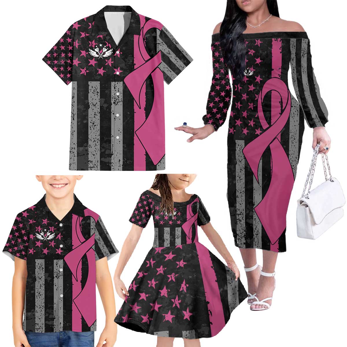 Personalized Pink Ribbon and American Flag Darts Family Matching Off The Shoulder Long Sleeve Dress and Hawaiian Shirt - Wonder Print Shop