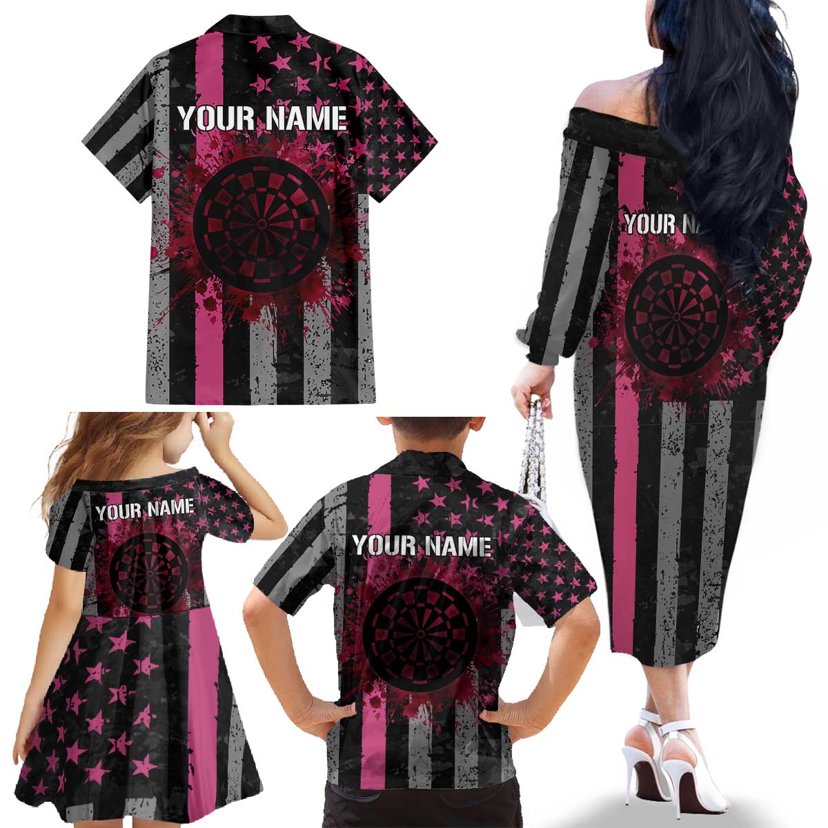 Personalized Pink Ribbon and American Flag Darts Family Matching Off The Shoulder Long Sleeve Dress and Hawaiian Shirt - Wonder Print Shop