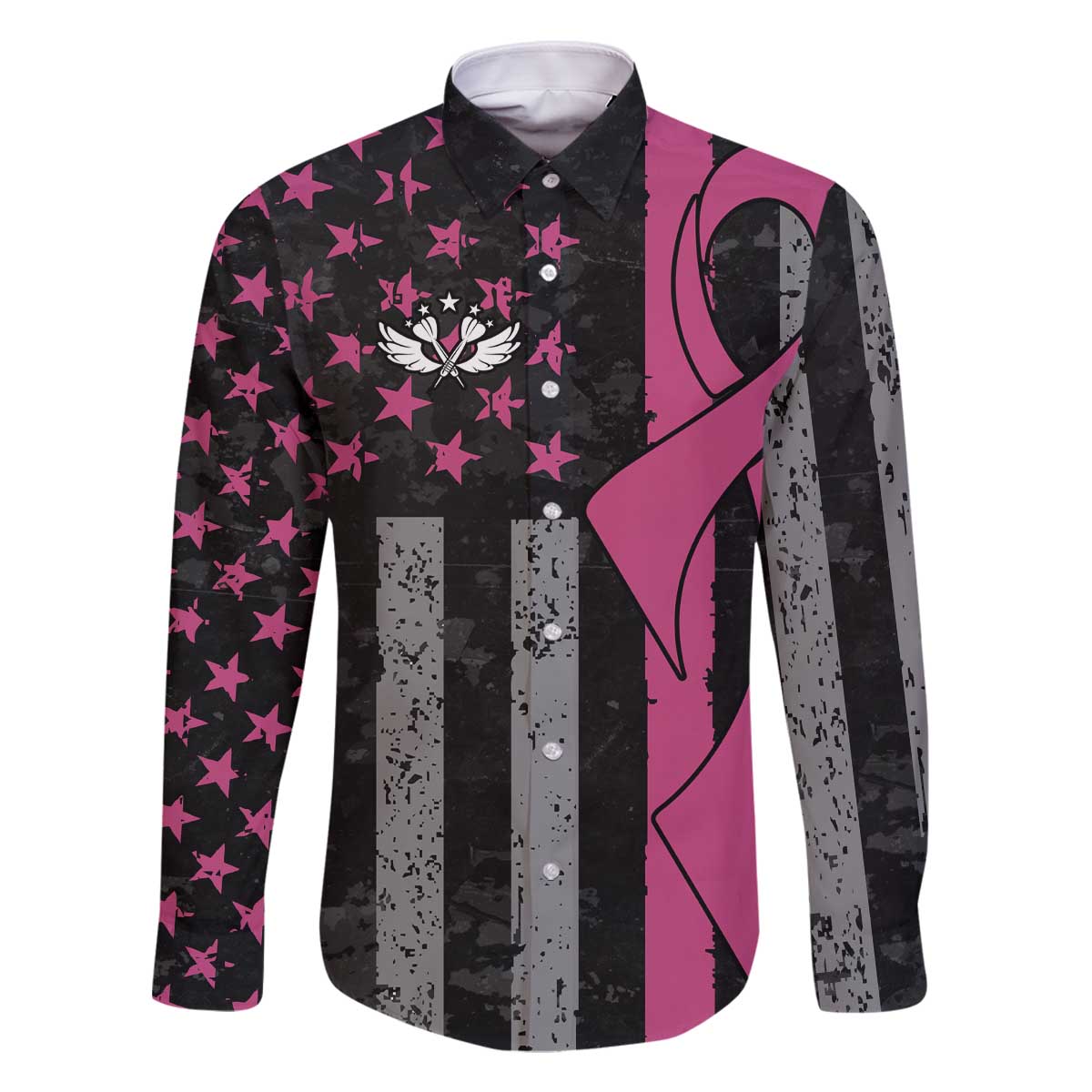 Personalized Pink Ribbon and American Flag Darts Family Matching Off The Shoulder Long Sleeve Dress and Hawaiian Shirt - Wonder Print Shop
