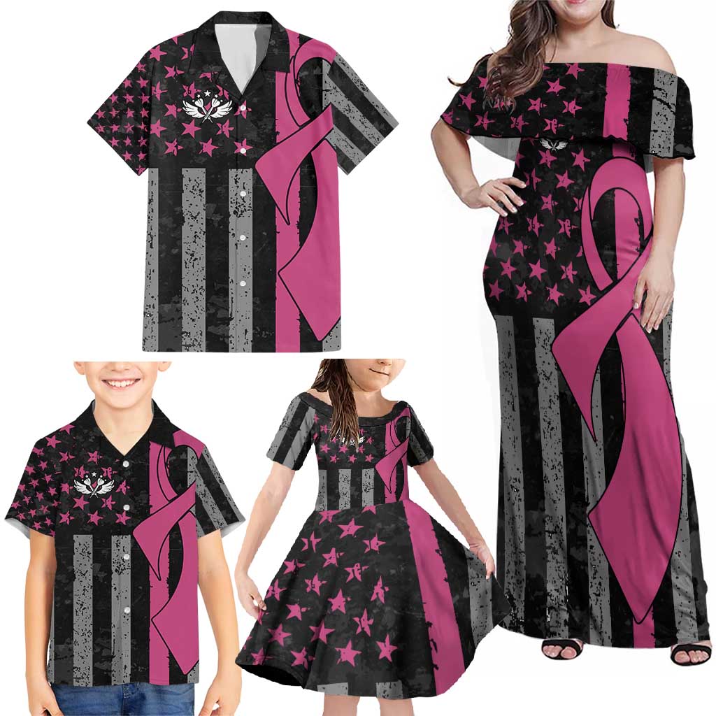 Personalized Pink Ribbon and American Flag Darts Family Matching Off Shoulder Maxi Dress and Hawaiian Shirt - Wonder Print Shop