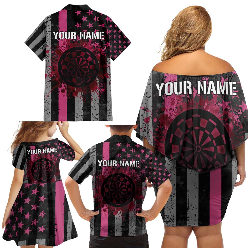 Personalized Pink Ribbon and American Flag Darts Family Matching Off Shoulder Short Dress and Hawaiian Shirt - Wonder Print Shop