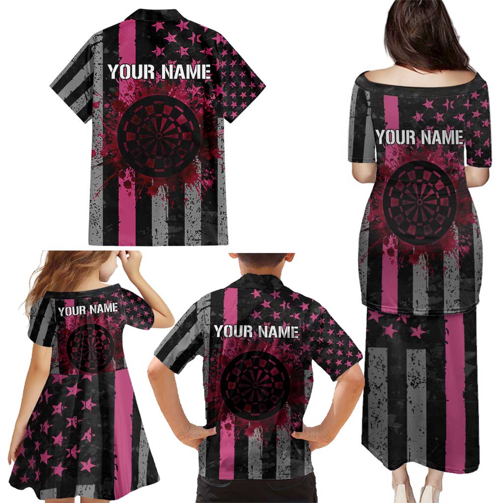 Personalized Pink Ribbon and American Flag Darts Family Matching Puletasi and Hawaiian Shirt - Wonder Print Shop