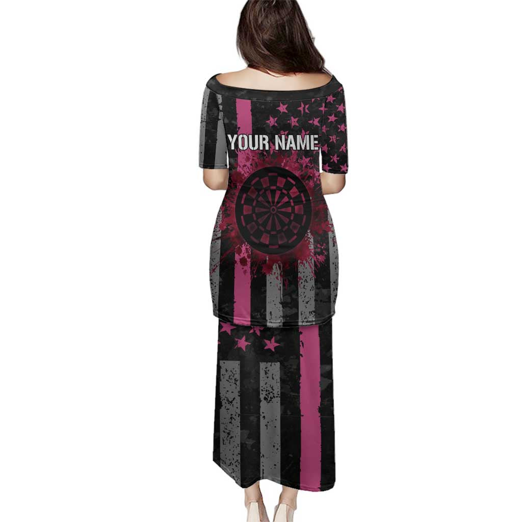 Personalized Pink Ribbon and American Flag Darts Family Matching Puletasi and Hawaiian Shirt - Wonder Print Shop