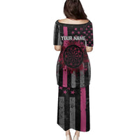 Personalized Pink Ribbon and American Flag Darts Family Matching Puletasi and Hawaiian Shirt - Wonder Print Shop