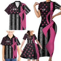 Personalized Pink Ribbon and American Flag Darts Family Matching Short Sleeve Bodycon Dress and Hawaiian Shirt - Wonder Print Shop