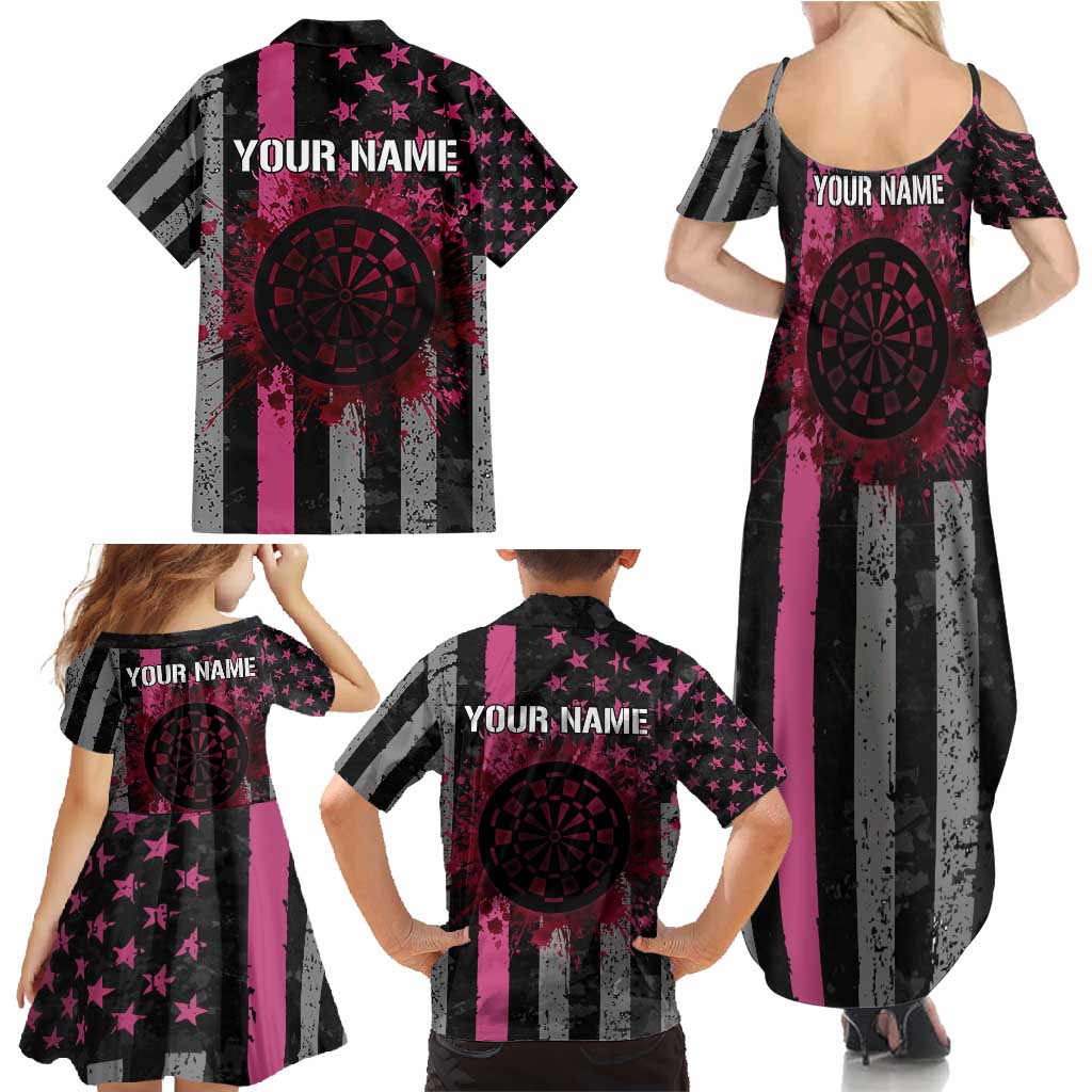 Personalized Pink Ribbon and American Flag Darts Family Matching Summer Maxi Dress and Hawaiian Shirt - Wonder Print Shop