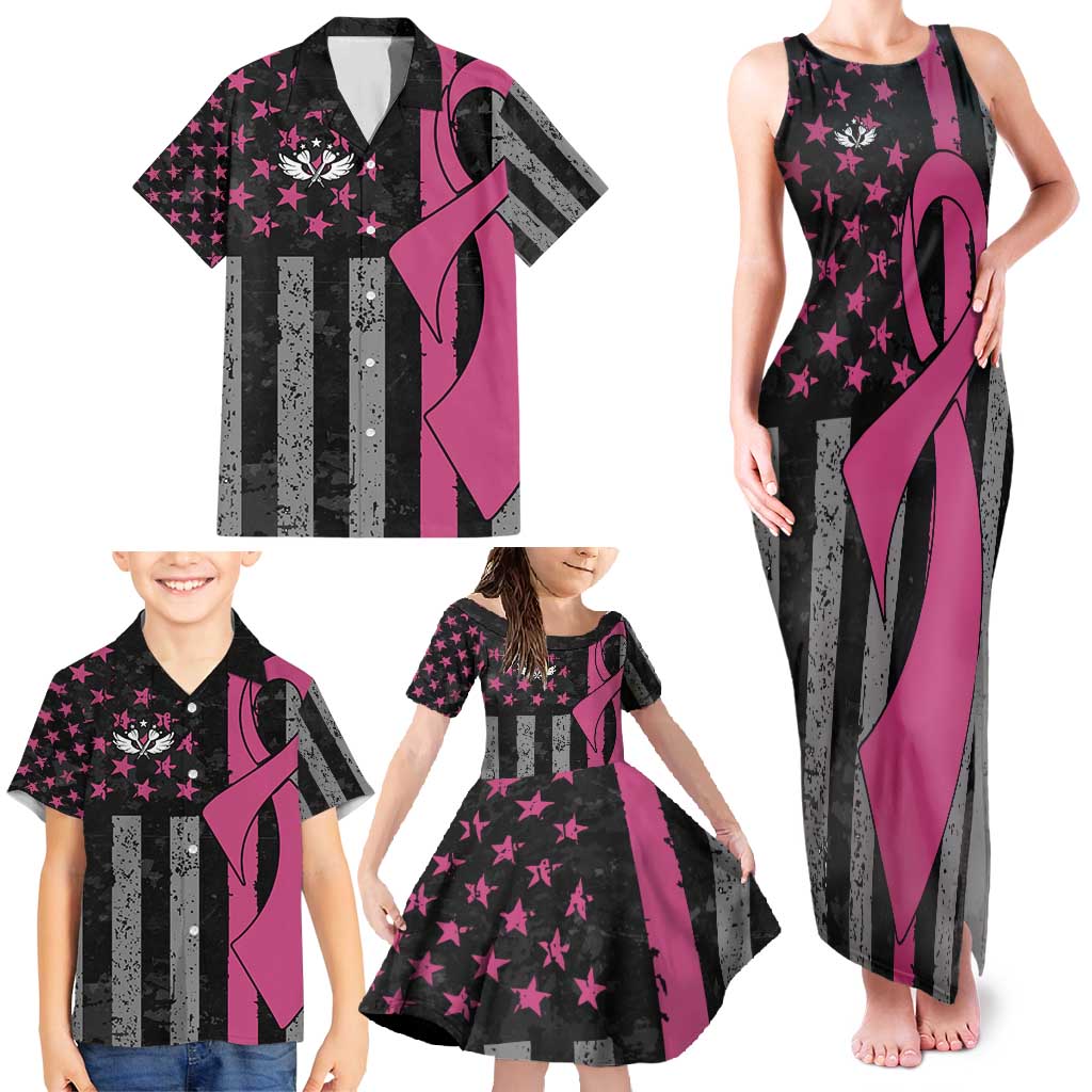 Personalized Pink Ribbon and American Flag Darts Family Matching Tank Maxi Dress and Hawaiian Shirt - Wonder Print Shop