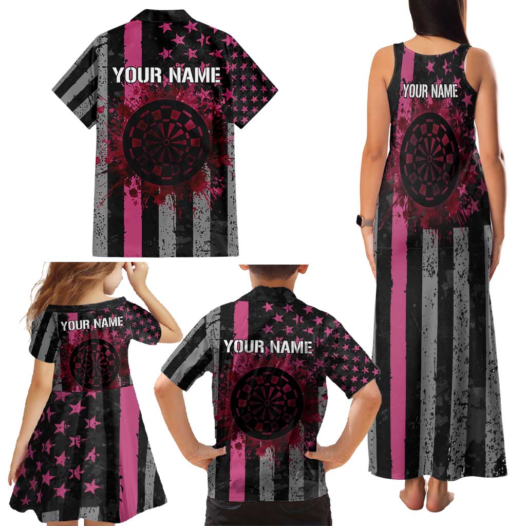 Personalized Pink Ribbon and American Flag Darts Family Matching Tank Maxi Dress and Hawaiian Shirt - Wonder Print Shop