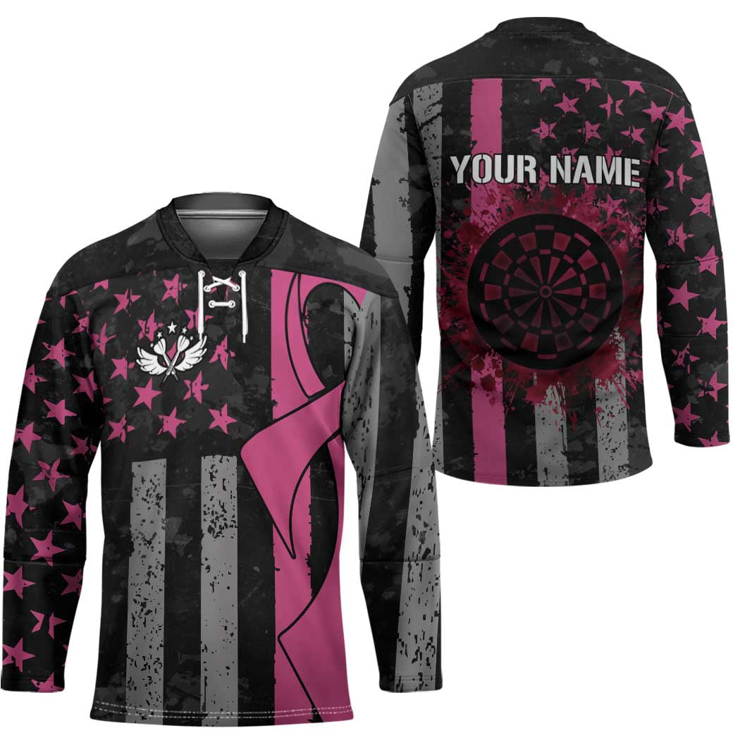 Personalized Pink Ribbon and American Flag Darts Hockey Jersey - Wonder Print Shop