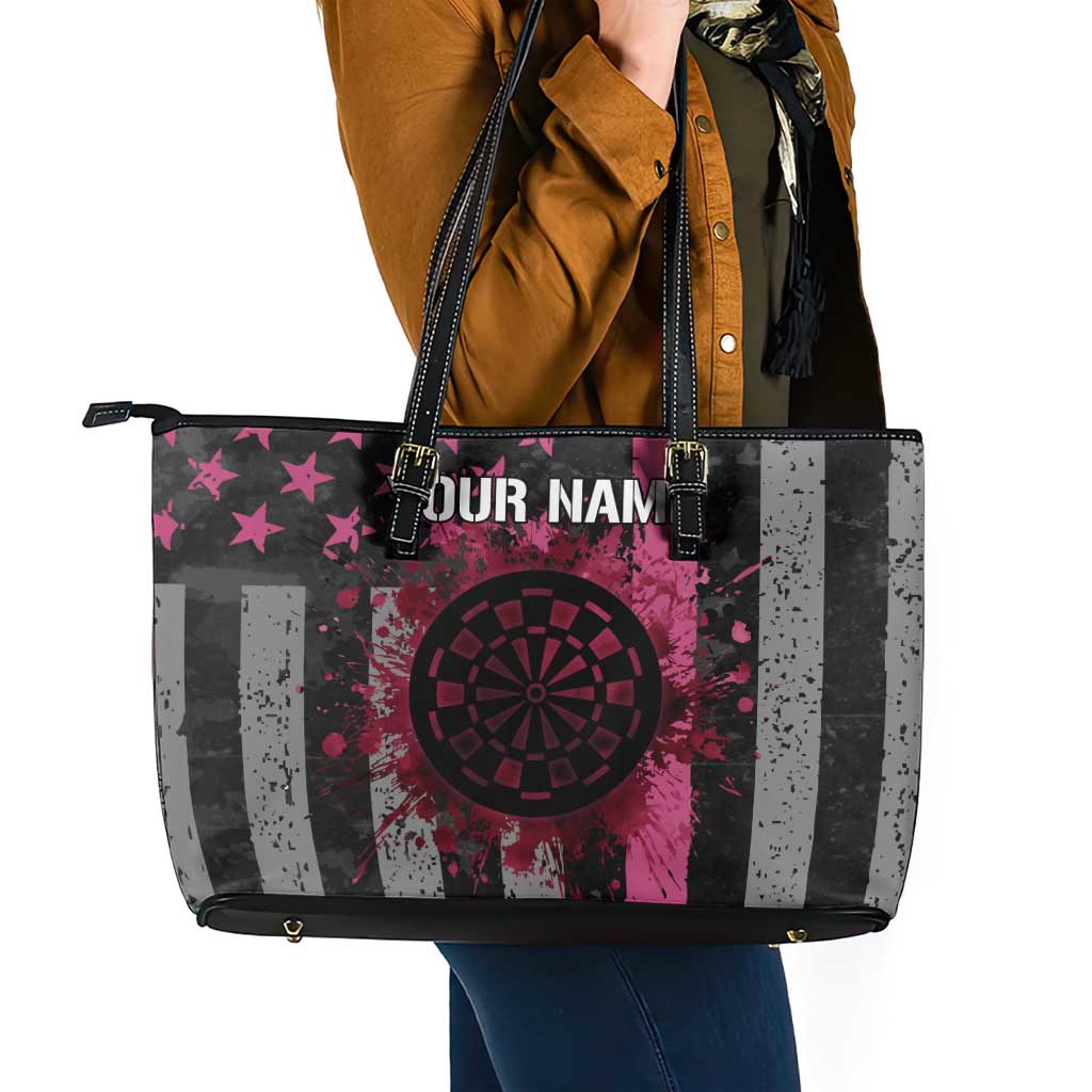 Personalized Pink Ribbon and American Flag Darts Leather Tote Bag - Wonder Print Shop