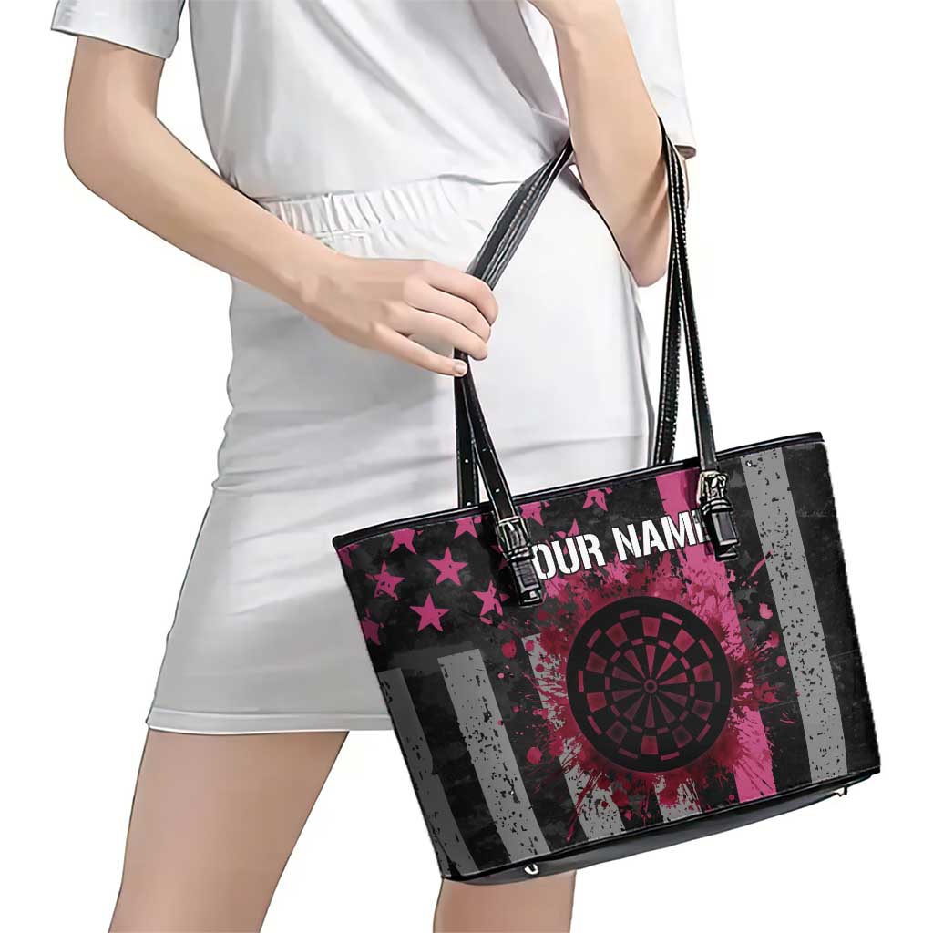 Personalized Pink Ribbon and American Flag Darts Leather Tote Bag - Wonder Print Shop