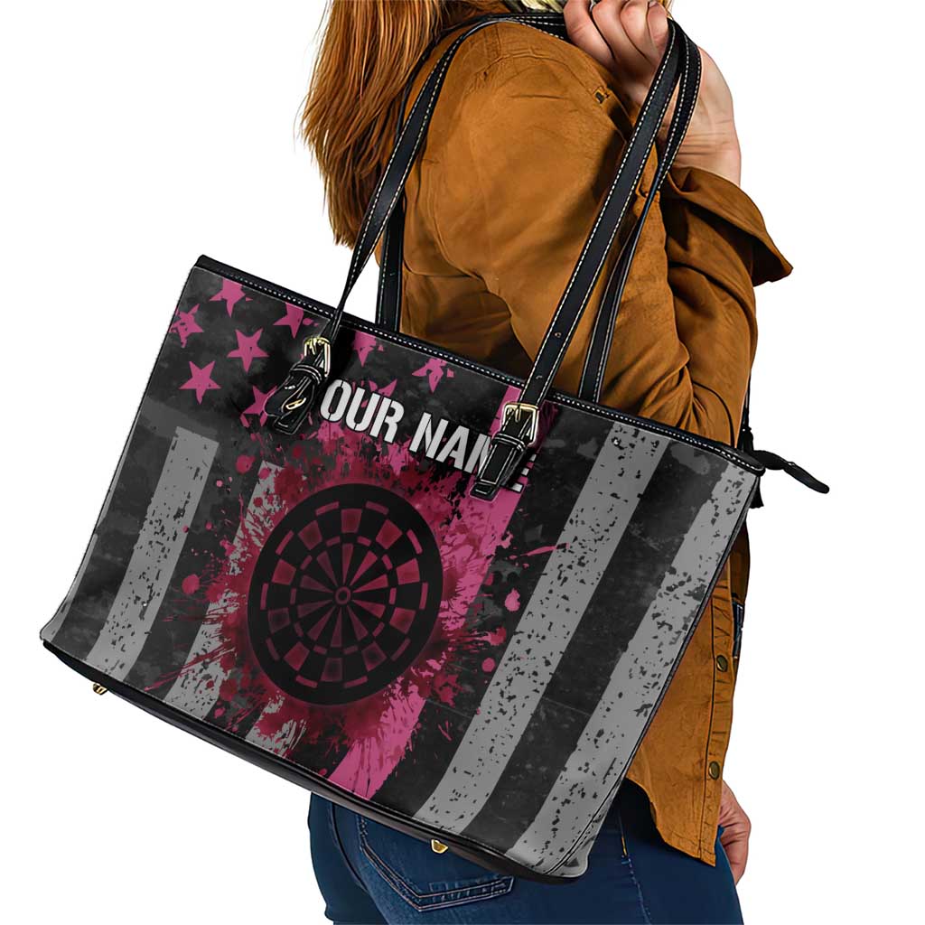 Personalized Pink Ribbon and American Flag Darts Leather Tote Bag - Wonder Print Shop